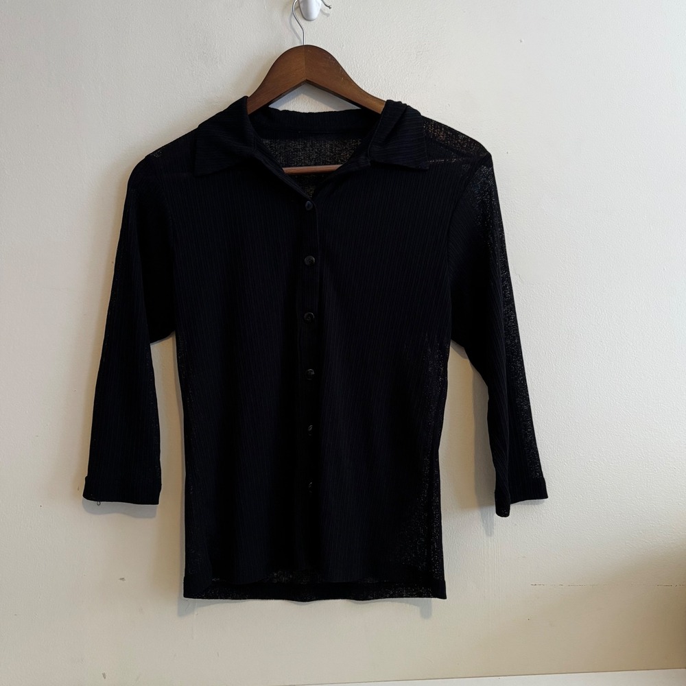 Women's Sz M Black Sheer Ribbed Knit Button Down Top Coquette Girl Whimsigoth